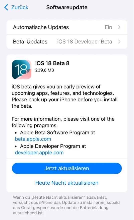 岱山苹果手机维修分享苹果 iOS / iPadOS 18 开发者预览版 Beta 8 发布 